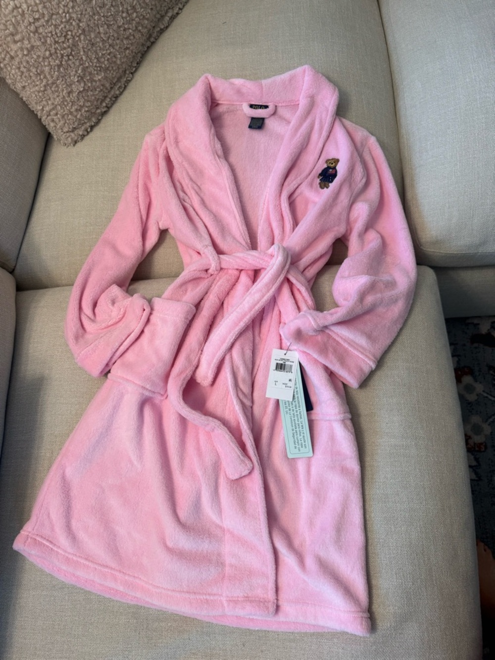 NWT Polo Ralph Lauren Pink Polo Bear Plush Fleece Robe Girls L Fits Women XS/S
